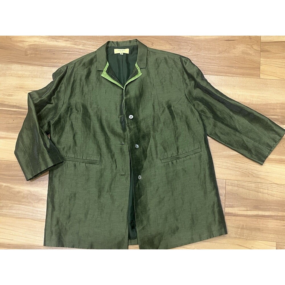 Han Feng Vintage NY 100% Silk Green Blazer Jacket Sz Small Textured Weave